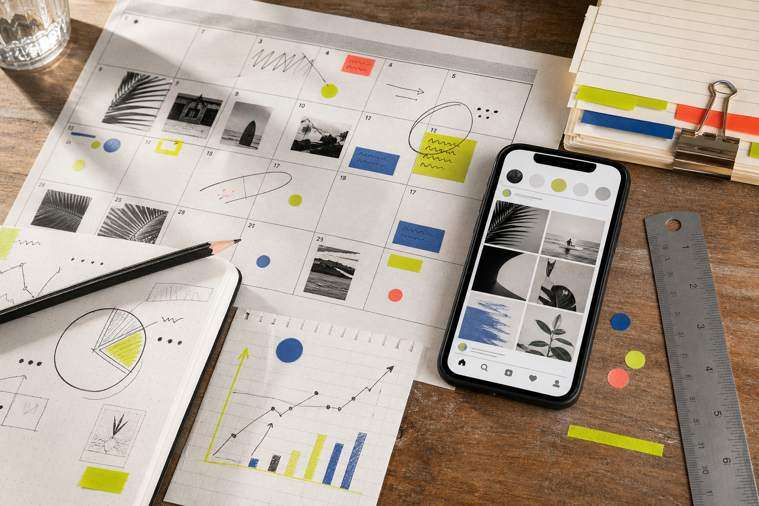Content calendar, performance notes and a phone arranged on a social media strategy desk